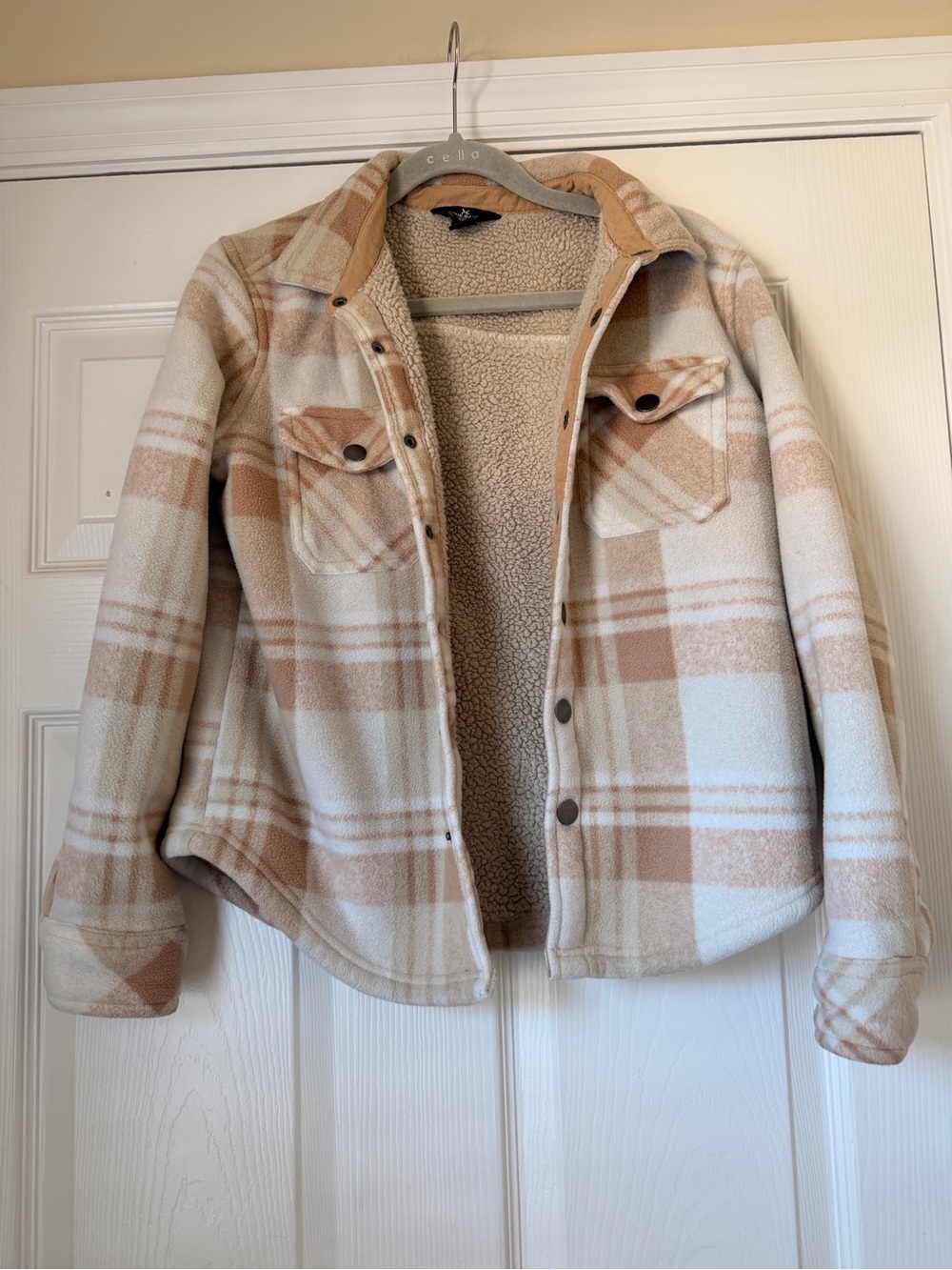 Eddie Bauer Cream & Tan Plaid Sherpa Jacket